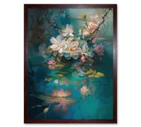 Artery8 Wall Art Print Low Hanging Cherry Blossom Branch in River Stream Modern Watercolour Painting Art Framed in Brown | Size: W12" x H16" Artery8 Brown W12" x H16"