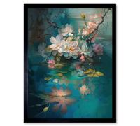 Artery8 Wall Art Print Low Hanging Cherry Blossom Branch in River Stream Modern Watercolour Painting Art Framed in Black | Size: W12" x H16" Artery8 Black W12" x H16"