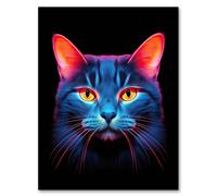 Artery8 Wall Art Print Luminescent Cat Painting Orange Purple Blue High Contrast Pet Portrait Neon on Black Design Artwork Framed | Size: A4 Artery8 Blue A4