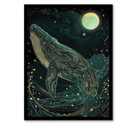 Artery8 Wall Art Print Luminous Stylised Whale Wave Jump Full Moon Art Framed Poster in Black | Size: A4 Artery8 Black A4