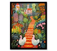 Artery8 Wall Art Print Lush Garden Path with Hens & Colourful Blooms Framed | Size: W12" x H16" Artery8 Multicolor W12" x H16"