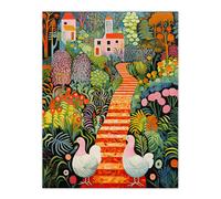 Artery8 Lush Garden Path with Hens and Colourful Blooms Extra Large XL Wall Art Poster Print