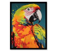 Artery8 Wall Art Print Macaw Parrot Neon Orange Green On Teal Exotic Bird Artwork Vibrant Bold Bright Colourful Painting Art Framed Artery8 Multicolor W12" x H16"
