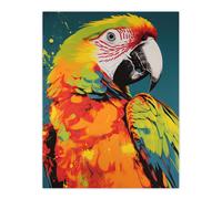 Wall Art Print Macaw Parrot Neon Orange Green On Teal Exotic Bird Artwork Vibrant Bold Bright Colourful Painting Poster Artery8 Multi W24 inch x H32 inch