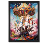 Artery8 Magical Carousel in Rainbow Clouds Bright Bold Vibrant Fantasy Kids Bedroom Baby Nursery Artwork Framed Wall Art Print A4
