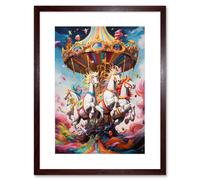 Artery8 Wall Art Print Magical Carousel in Rainbow Clouds Bright Bold Vibrant Fantasy Kids Bedroom Baby Nursery Artwork Framed 9X7 Inch Artery8 Brown W7" x H9"