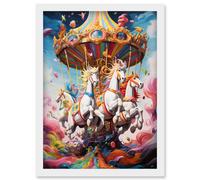 Artery8 Magical Carousel in Rainbow Clouds Bright Bold Vibrant Fantasy Kids Bedroom Baby Nursery Artwork Framed Wall Art Print A4
