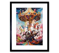 Artery8 Wall Art Print Magical Carousel in Rainbow Clouds Bright Bold Vibrant Fantasy Kids Bedroom Baby Nursery Artwork Framed 9X7 Inch Artery8 Black W7" x H9"