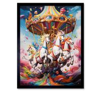 Artery8 Wall Art Print Magical Carousel in Rainbow Clouds Bright Bold Vibrant Fantasy Kids Bedroom Baby Nursery Artwork Art Framed Artery8 Black W12" x H16"