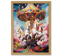 Artery8 Magical Carousel in Rainbow Clouds Bright Bold Vibrant Fantasy Kids Bedroom Baby Nursery Artwork Framed Wall Art Print A4