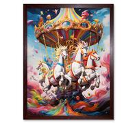 Artery8 Wall Art Print Magical Carousel in Rainbow Clouds Bright Bold Vibrant Fantasy Kids Bedroom Baby Nursery Artwork Art Framed Artery8 Brown W12" x H16"