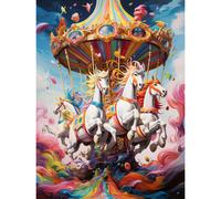 Artery8 Wall Art Print Magical Carousel in Rainbow Clouds Bright Bold Vibrant Fantasy Kids Bedroom Baby Nursery Artwork Poster | Size: W12" x H16" Artery8 Multicolor W12" x H16"