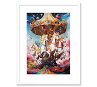 Artery8 Wall Art Print Magical Carousel in Rainbow Clouds Bright Bold Vibrant Fantasy Kids Bedroom Baby Nursery Artwork Framed 9X7 Inch Artery8 White W7" x H9"