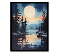 Wall Art Print Magical Forest Lake Sunrise in Blue and Orange Framed Artery8 Blue A4