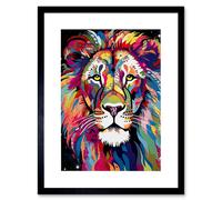 Artery8 Wall Art Print Magnificent Lion Head Psychedelic Folk Portrait Colourful Vibrant Bold Jungle Artwork Framed 9X7 Inch | Size: W7" x H9" Artery8 Black W7" x H9"