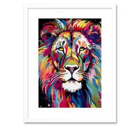 Artery8 Wall Art Print Magnificent Lion Head Psychedelic Folk Portrait Colourful Vibrant Bold Jungle Artwork Framed 9X7 Inch | Size: W7" x H9" Artery8 White W7" x H9"