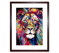 Artery8 Wall Art Print Magnificent Lion Head Psychedelic Folk Portrait Colourful Vibrant Bold Jungle Artwork Framed 9X7 Inch | Size: W7" x H9" Artery8 Brown W7" x H9"