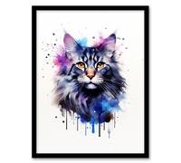 Artery8 Maine Coon Cat Lovers Gift Watercolour Pet Portrait Painting Artwork Artwork Framed Wall Art Print A4