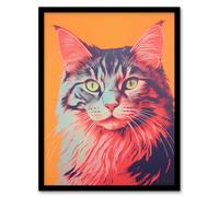 Artery8 Maine Coon Cat Screen Print Risograph Artwork Spot Block Colour Duotone Retro Riso Interior Design Artwork Framed Wall Art Print A4