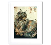 Artery8 Wall Art Print Maine Coon Cat with Flower Pattern Modern Watercolour Artwork Framed 9X7 Inch in White | Size: W7" x H9" Artery8 White W7" x H9"