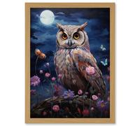 Artery8 Majestic Owl Portrait Oil Painting Great Horned Purple Pink Blue Full Moon in Spring Meadow with Wildflowers Artwork Framed Wall Art Print A4