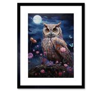 Artery8 Wall Art Print Majestic Owl Portrait Oil Painting Great Horned Purple Pink Blue Full Moon in Spring Meadow w/ Wildflowers Artwork Framed 9X7 Artery8 Black W7" x H9"