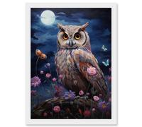 Wall Art Print Majestic Owl Portrait Oil Painting Great Horned Purple Pink Blue Full Moon in Spring Meadow with Wildflowers Artwork Framed A4 Artery8 White A4