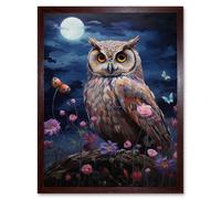 Artery8 Wall Art Print Majestic Owl Portrait Oil Painting Great Horned Purple Pink Blue Full Moon in Spring Meadow with Wildflowers Art Framed Artery8 Brown W12" x H16"