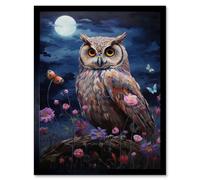 Artery8 Wall Art Print Majestic Owl Portrait Oil Painting Great Horned Purple Pink Blue Full Moon in Spring Meadow with Wildflowers Art Framed Artery8 Black W12" x H16"