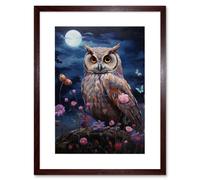Artery8 Wall Art Print Majestic Owl Portrait Oil Painting Great Horned Purple Pink Blue Full Moon in Spring Meadow w/ Wildflowers Artwork Framed 9X7 Artery8 Brown W7" x H9"