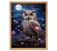 Artery8 Wall Art Print Majestic Owl Portrait Oil Painting Great Horned Purple Pink Blue Full Moon in Spring Meadow with Wildflowers Art Framed Artery8 Light Oak W12" x H16"