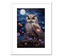 Artery8 Wall Art Print Majestic Owl Portrait Oil Painting Great Horned Purple Pink Blue Full Moon in Spring Meadow w/ Wildflowers Artwork Framed 9X7 Artery8 White W7" x H9"