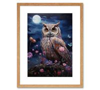 Artery8 Wall Art Print Majestic Owl Portrait Oil Painting Great Horned Purple Pink Blue Full Moon in Spring Meadow w/ Wildflowers Artwork Framed 9X7 Artery8 Beige W7" x H9"