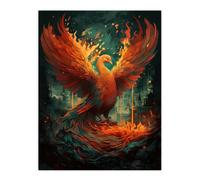 Artery8 Wall Art Print Majestic Phoenix Bird Concept Painting Blue Orange Red Mythical Creature Rising from the Ashes Spreading Fire Wings Vibrant Artery8 Orange W12" x H16"