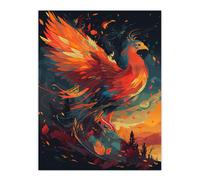 Artery8 Wall Art Print Majestic Phoenix Bird Spreading Wings Concept Painting Blue Orange Red Mythical Creature Rising From Fire Ashes Vibrant Artery8 Orange W24" x H32"