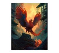 Artery8 Wall Art Print Majestic Phoenix Bird Spreading Wings Concept Painting Mythical Creature Rising From Fire Ashes in Enchanted Forest Landscape Artery8 Multicolor W12" x H16"