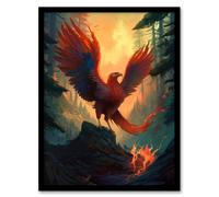 Artery8 Wall Art Print Majestic Phoenix Bird Spreading Wings Concept Painting Mythical Creature Rising From Fire Ashes in Enchanted Forest Landscape Artery8 Multicolor A4