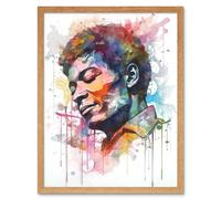 Artery8 Wall Art Print Male Portrait Face Closed Eyes Listening to Music Multicoloured Modern Watercolour Painting Art Framed | Size: W12" x H16" Artery8 Light Oak W12" x H16"