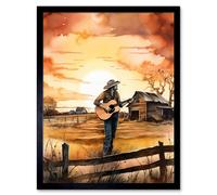 Artery8 Wall Art Print Man Playing Country Music Guitar in Countryside Farm on Sunset Modern Watercolour Painting Art Framed | Size: W12" x H16" Artery8 Black W12" x H16"