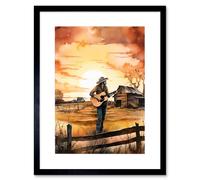 Artery8 Wall Art Print Man Playing Country Music Guitar in Countryside Farm on Sunset Modern Watercolour Painting Artwork Framed 9X7 Inch Artery8 Black W7" x H9"