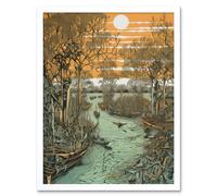 Artery8 Wall Art Print Mangrove Forest Swamp Landscape Linocut Style Art Framed in White | Size: W12" x H16" Artery8 White W12" x H16"