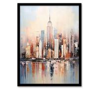 Artery8 Wall Art Print Manhattan Skyscraper Reflections Oil Painting By M Hinge Thick Oils Subtle Pastel Colours Artwork Art Framed Artery8 Black W12" x H16"