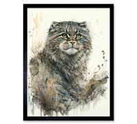 Artery8 Wall Art Print Manul Pallas Cat Portrait in Wildflowers Watercolour Art Framed in Black | Size: W12" x H16" Artery8 Black W12" x H16"