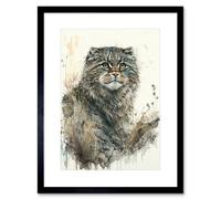 Artery8 Wall Art Print Manul Pallas Cat Portrait in Wildflowers Watercolour Artwork Framed 9X7 Inch in Black | Size: W7" x H9" Artery8 Black W7" x H9"