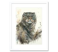 Artery8 Wall Art Print Manul Pallas Cat Portrait in Wildflowers Watercolour Artwork Framed 9X7 Inch in White | Size: W7" x H9" Artery8 White W7" x H9"