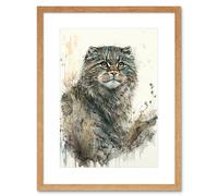 Artery8 Wall Art Print Manul Pallas Cat Portrait in Wildflowers Watercolour Artwork Framed 9X7 Inch in Beige | Size: W7" x H9" Artery8 Beige W7" x H9"
