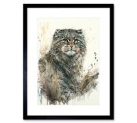 Artery8 Wall Art Print Manul Pallas Cat Portrait in Wildflowers Watercolour Artwork Framed 9X7 Inch in Black | Size: W7" x H9" Artery8 Black W7" x H9"