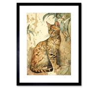 Artery8 Wall Art Print Marble Coat Bengal Cat Perched on Street Wall Watercolour Artwork Framed 9X7 Inch in Black | Size: W7" x H9" Artery8 Black W7" x H9"