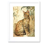 Artery8 Wall Art Print Marble Coat Bengal Cat Perched on Street Wall Watercolour Artwork Framed 9X7 Inch in White | Size: W7" x H9" Artery8 White W7" x H9"