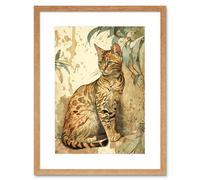 Artery8 Wall Art Print Marble Coat Bengal Cat Perched on Street Wall Watercolour Artwork Framed 9X7 Inch in Beige | Size: W7" x H9" Artery8 Beige W7" x H9"